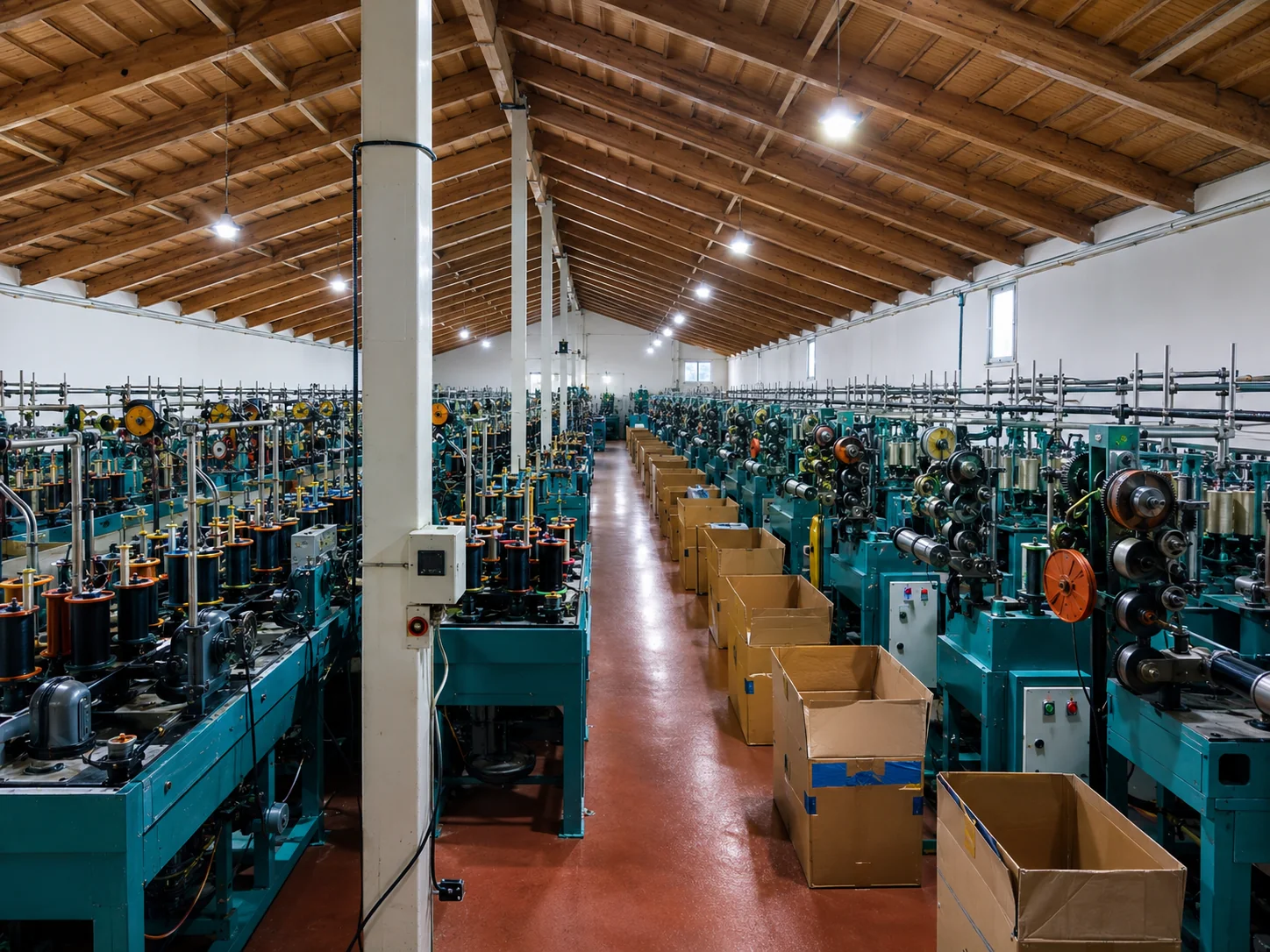 Fabrika koridoru boyunca uzanan üretim hattı
